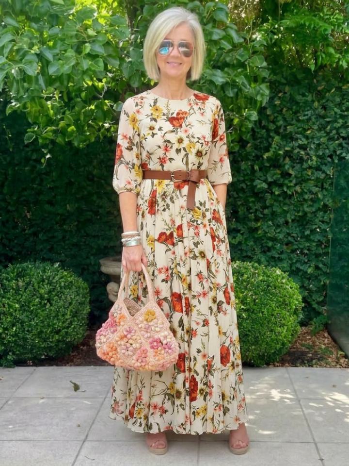 Odelia | Round Neck Three Quarter Sleeve Belted Maxi Dress - Maison Léa &amp; Lou