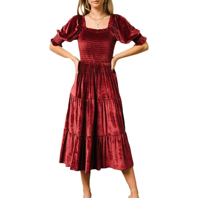 AUDREY™ - Square Neck Puff Sleeve A-Line Midi Dress for All Occasions - Maison Léa &amp; Lou
