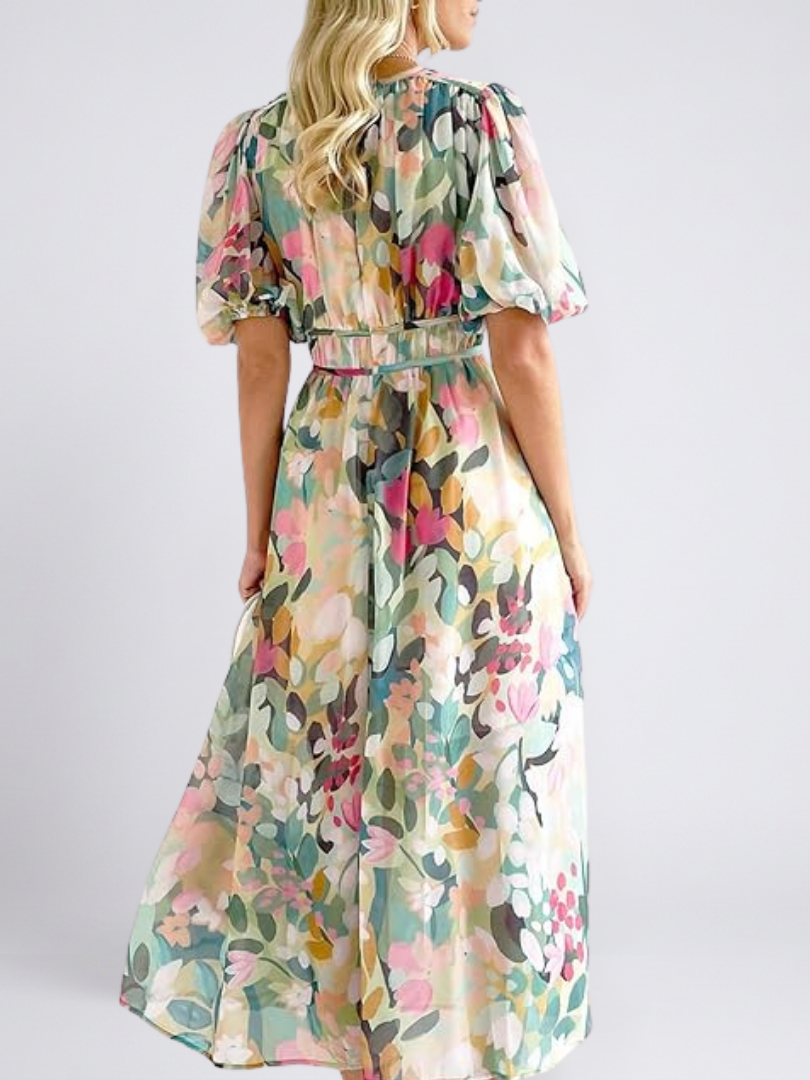 Eulalie | V Neck Short Sleeve Gathered Waist Midi Dress - Maison Léa &amp; Lou