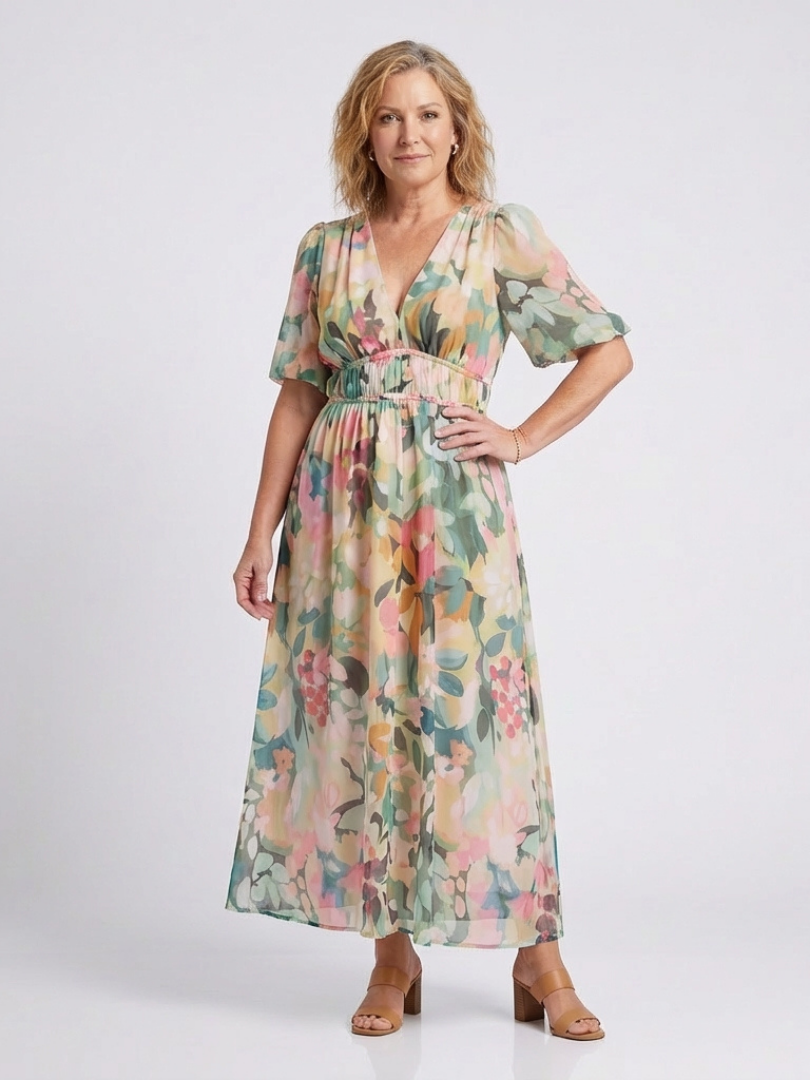 Eulalie | V Neck Short Sleeve Gathered Waist Midi Dress - Maison Léa &amp; Lou