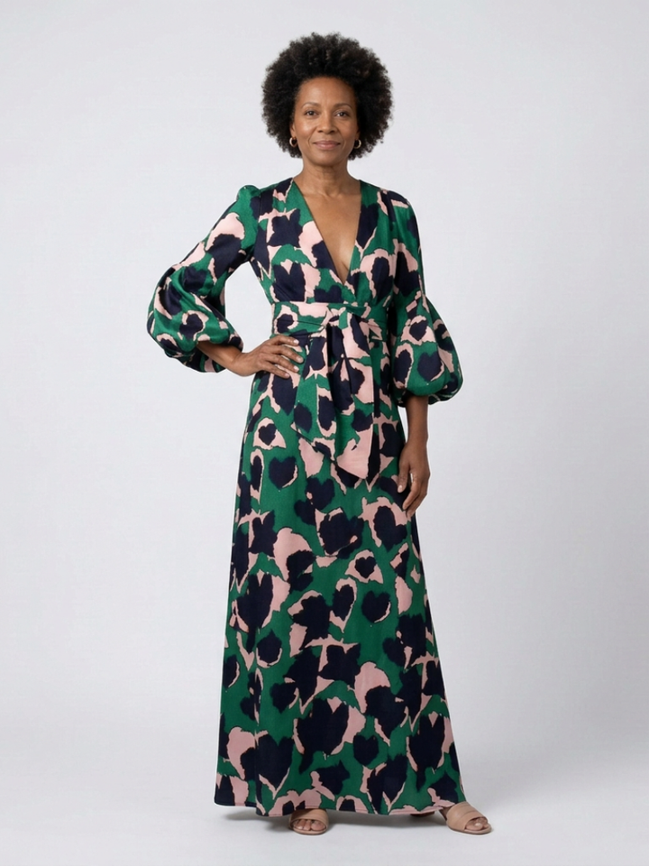 Isolde | V Neck Tie Waist Long Sleeve Maxi Dress - Maison Léa &amp; Lou