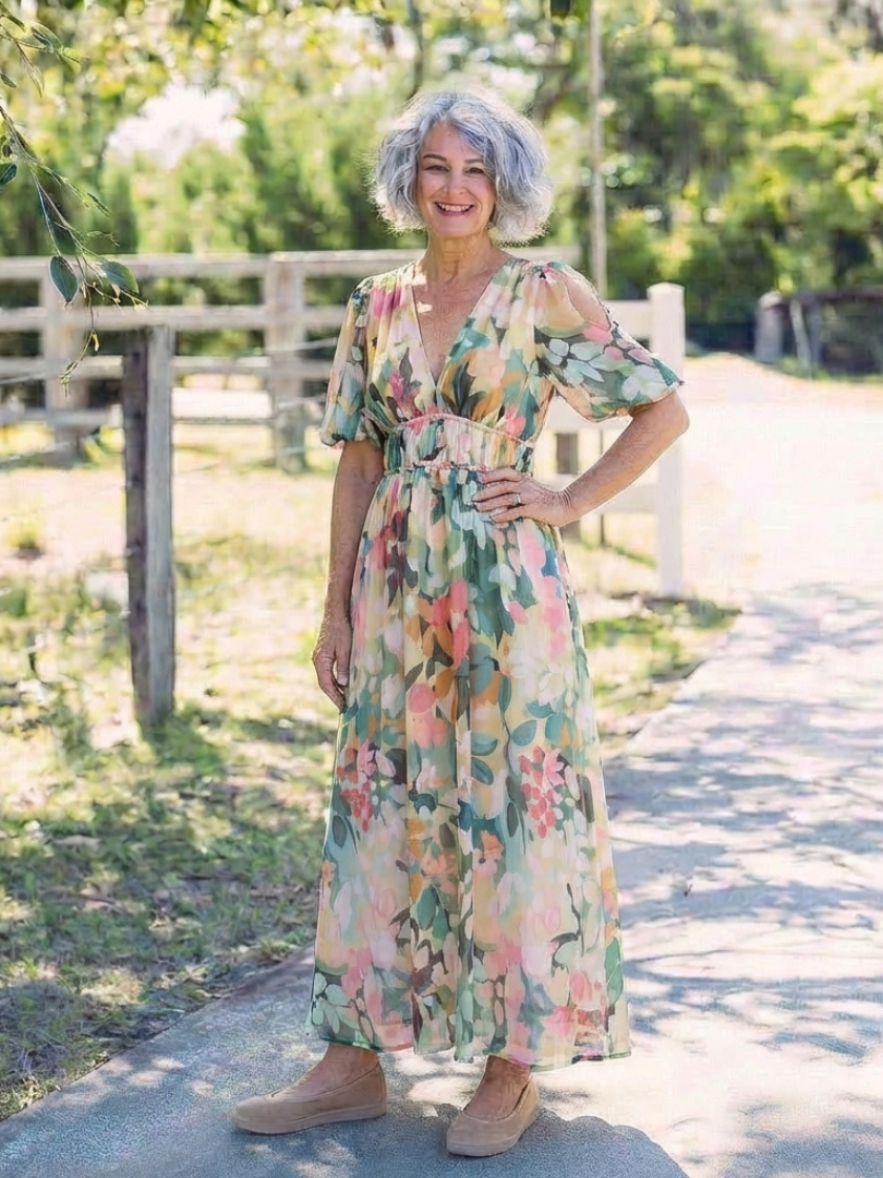 Eulalie | V Neck Short Sleeve Gathered Waist Midi Dress - Maison Léa &amp; Lou
