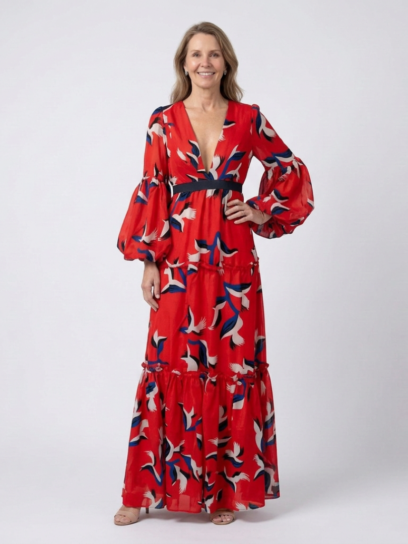 Isolde | V Neck Tie Waist Long Sleeve Maxi Dress - Maison Léa &amp; Lou