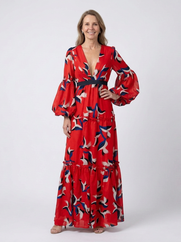 Isolde | V Neck Tie Waist Long Sleeve Maxi Dress - Maison Léa &amp; Lou