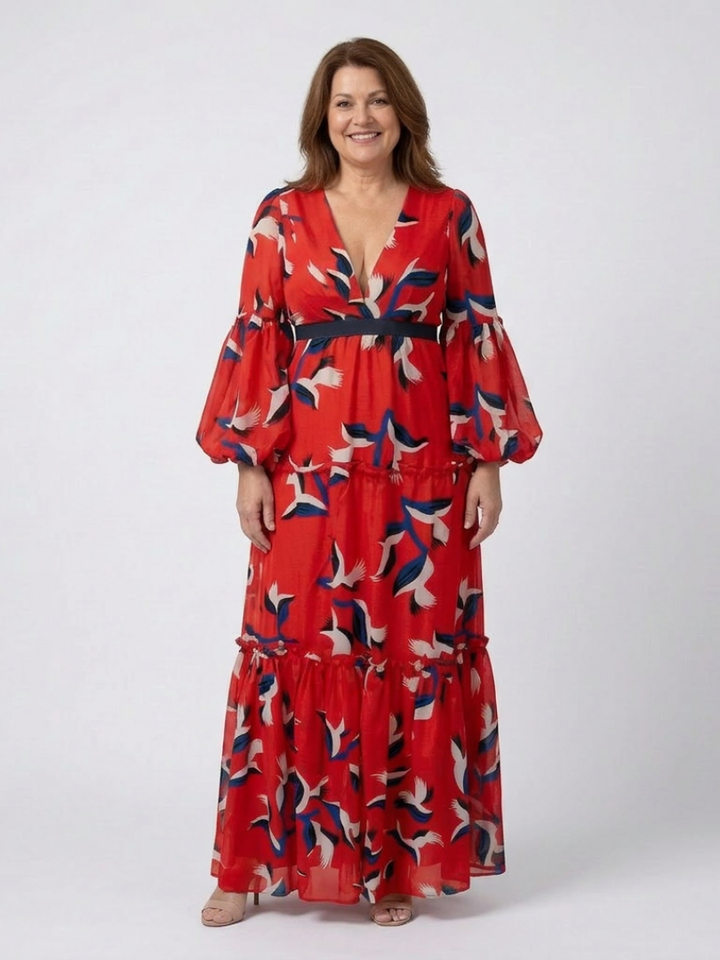 Isolde | V Neck Tie Waist Long Sleeve Maxi Dress - Maison Léa &amp; Lou