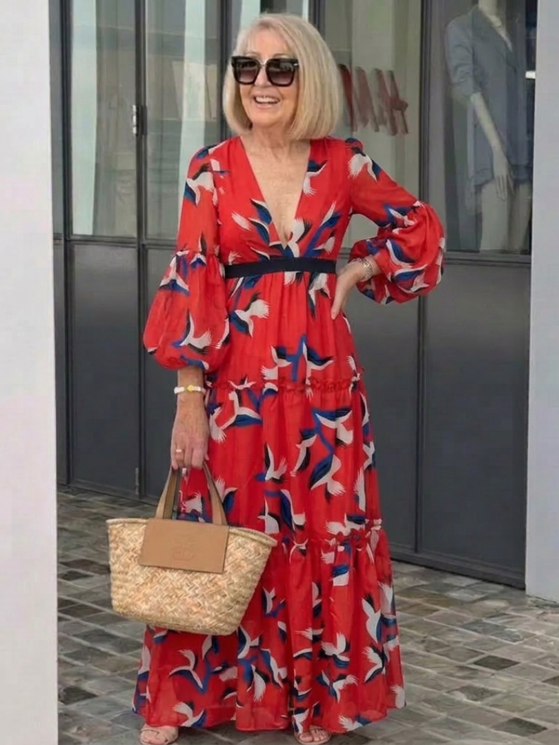 Isolde | V Neck Tie Waist Long Sleeve Maxi Dress - Maison Léa &amp; Lou