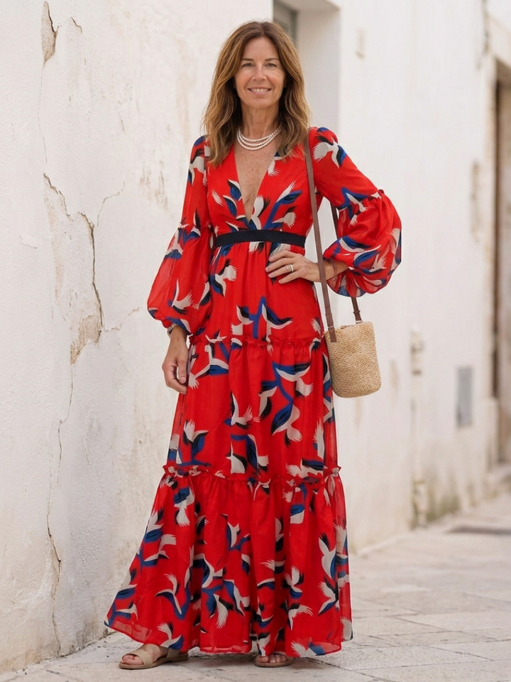 Isolde | V Neck Tie Waist Long Sleeve Maxi Dress - Maison Léa &amp; Lou