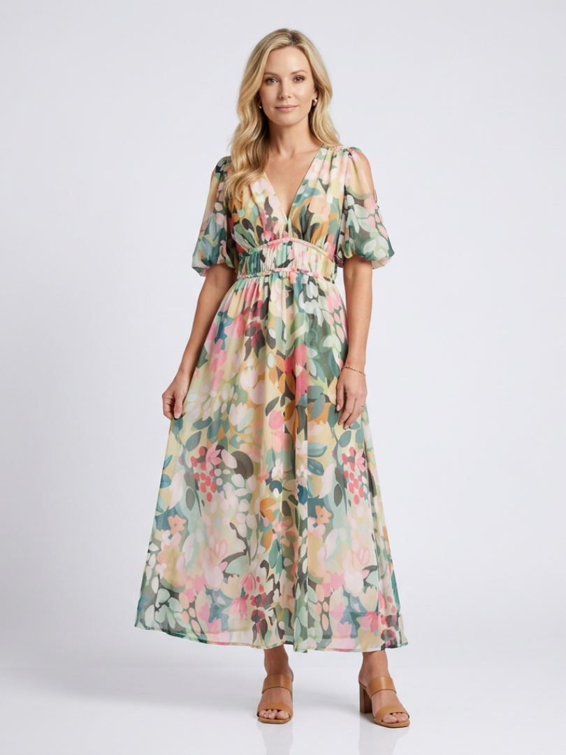 Eulalie | V Neck Short Sleeve Gathered Waist Midi Dress - Maison Léa & Lou