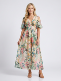 Eulalie | V Neck Short Sleeve Gathered Waist Midi Dress - Maison Léa & Lou