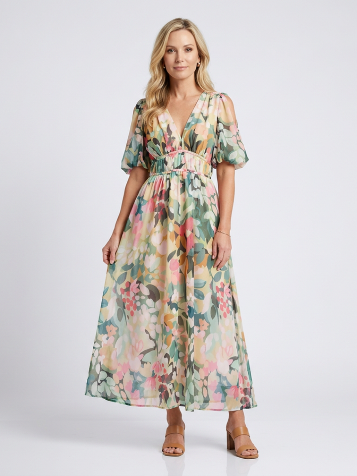 Eulalie | V Neck Short Sleeve Gathered Waist Midi Dress - Maison Léa &amp; Lou