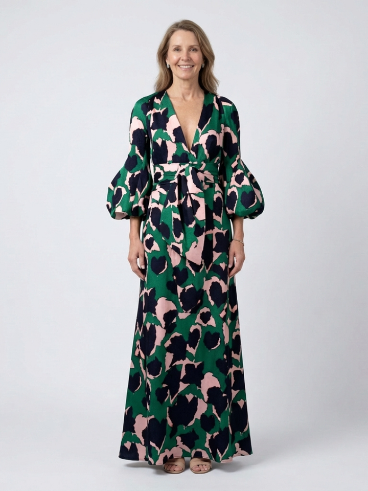 Isolde | V Neck Tie Waist Long Sleeve Maxi Dress - Maison Léa &amp; Lou