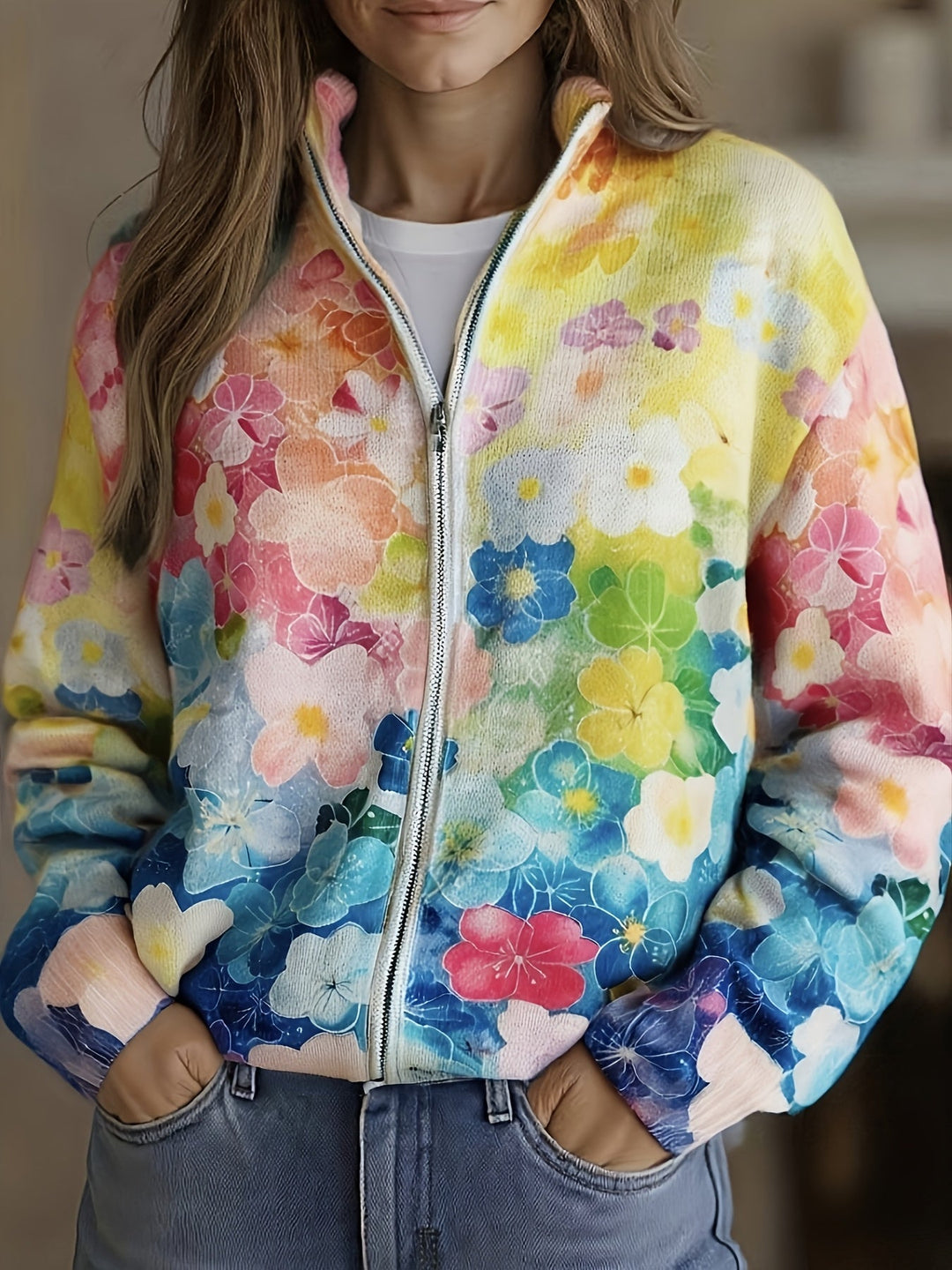 Augusta™ | Watercolor Floral Ombre Zip Cardigan - Maison Léa &amp; Lou