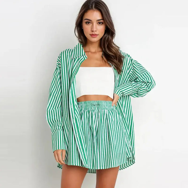 TIFY™ –  Chic Striped Collared Shirt and Wide-Leg Shorts Set