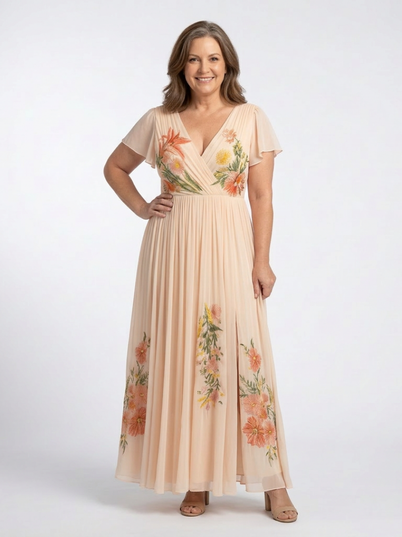 Calista | V Neck Short Sleeve Pleated Floral Maxi Dress - Maison Léa &amp; Lou