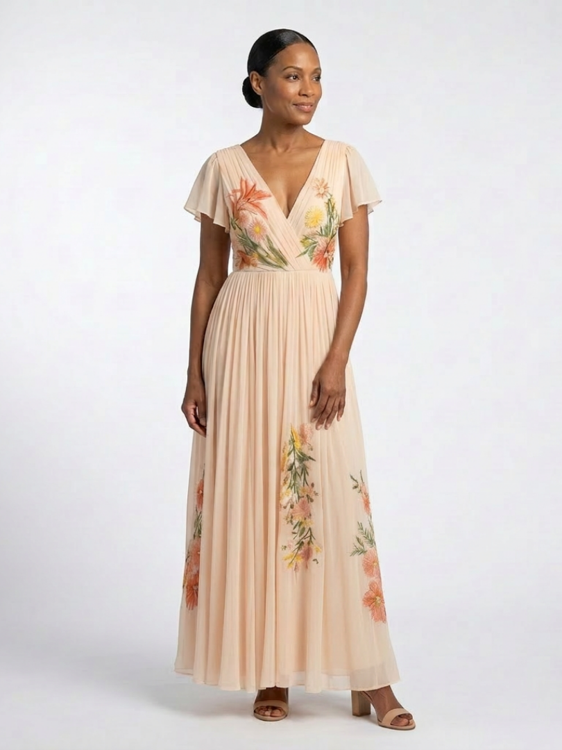 Calista | V Neck Short Sleeve Pleated Floral Maxi Dress - Maison Léa &amp; Lou