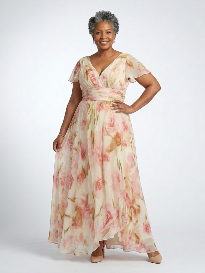 Elara | V Neck Short Sleeve Floral Maxi Dress - Maison Léa &amp; Lou
