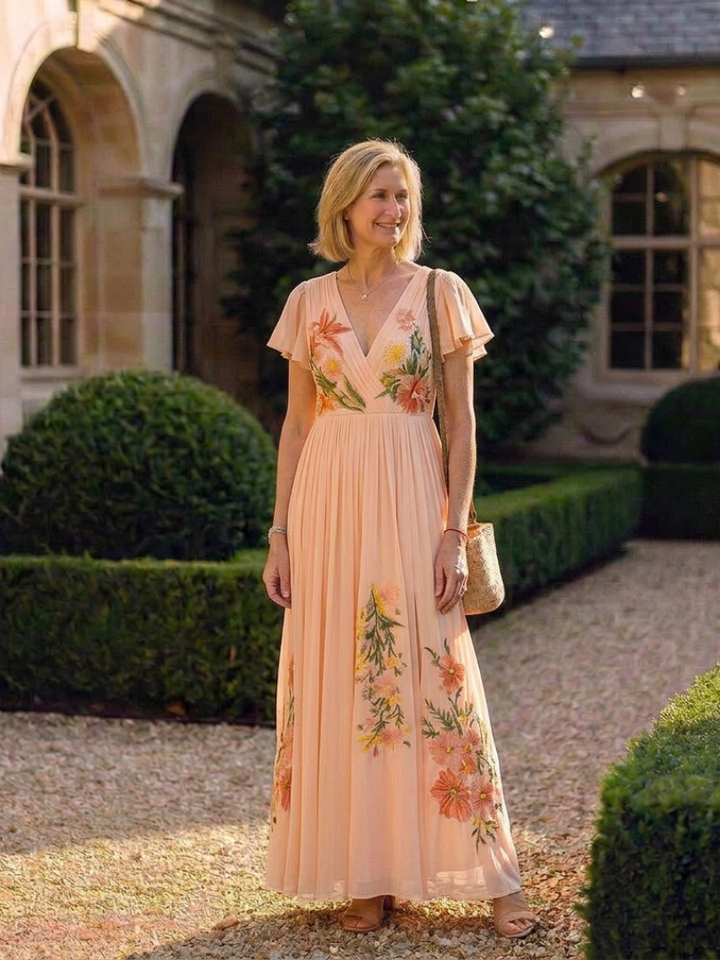 Calista | V Neck Short Sleeve Pleated Floral Maxi Dress - Maison Léa &amp; Lou