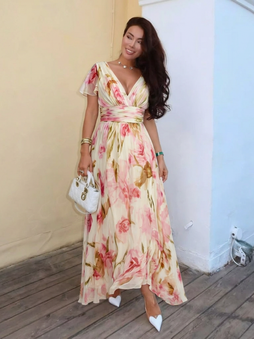 Elara | V Neck Short Sleeve Floral Maxi Dress - Maison Léa &amp; Lou