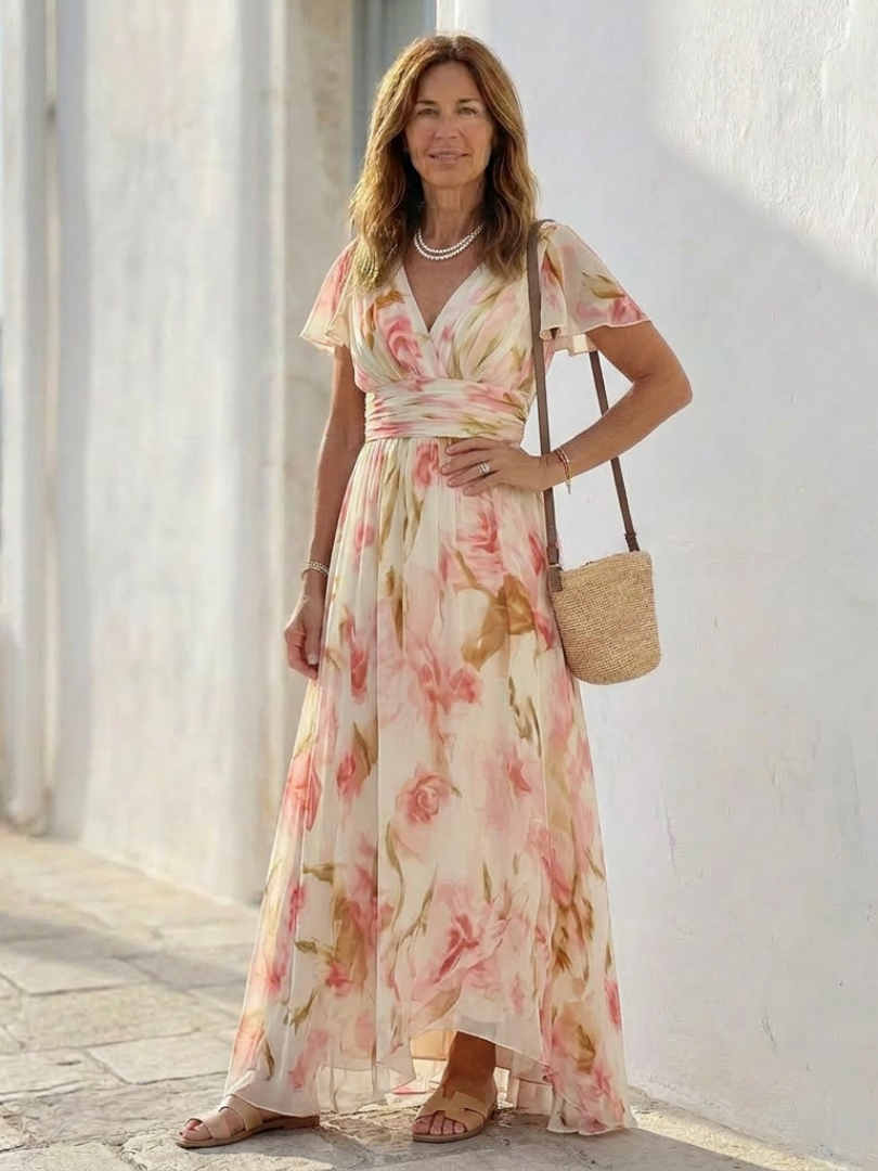 Elara | V Neck Short Sleeve Floral Maxi Dress - Maison Léa &amp; Lou