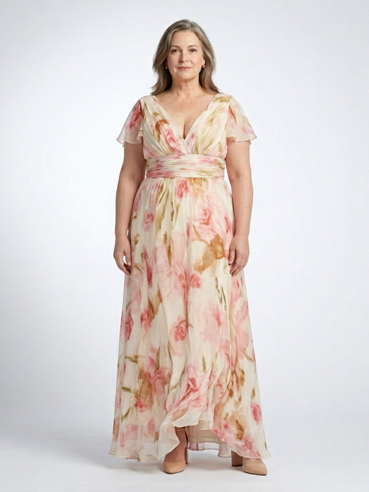 Elara | V Neck Short Sleeve Floral Maxi Dress - Maison Léa &amp; Lou