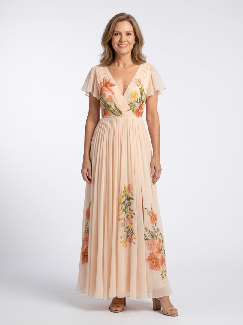 Calista | V Neck Short Sleeve Pleated Floral Maxi Dress - Maison Léa & Lou