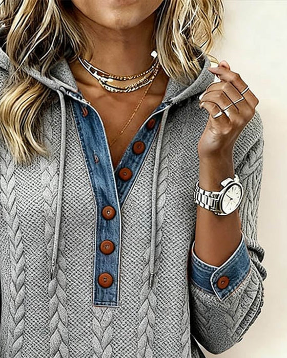 Sophie™ | Knit Hoodie with Denim Contrast - Maison Léa &amp; Lou