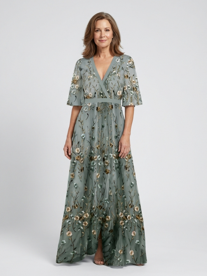Evadne | Embroidered V Neck Maxi Dress - Maison Léa &amp; Lou