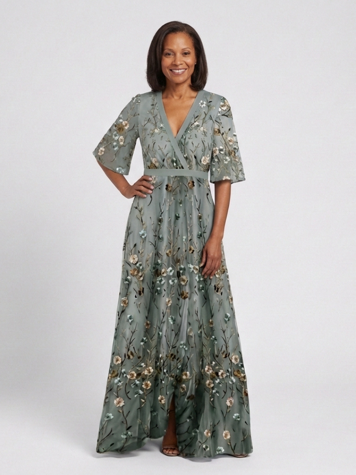 Evadne | Embroidered V Neck Maxi Dress - Maison Léa &amp; Lou
