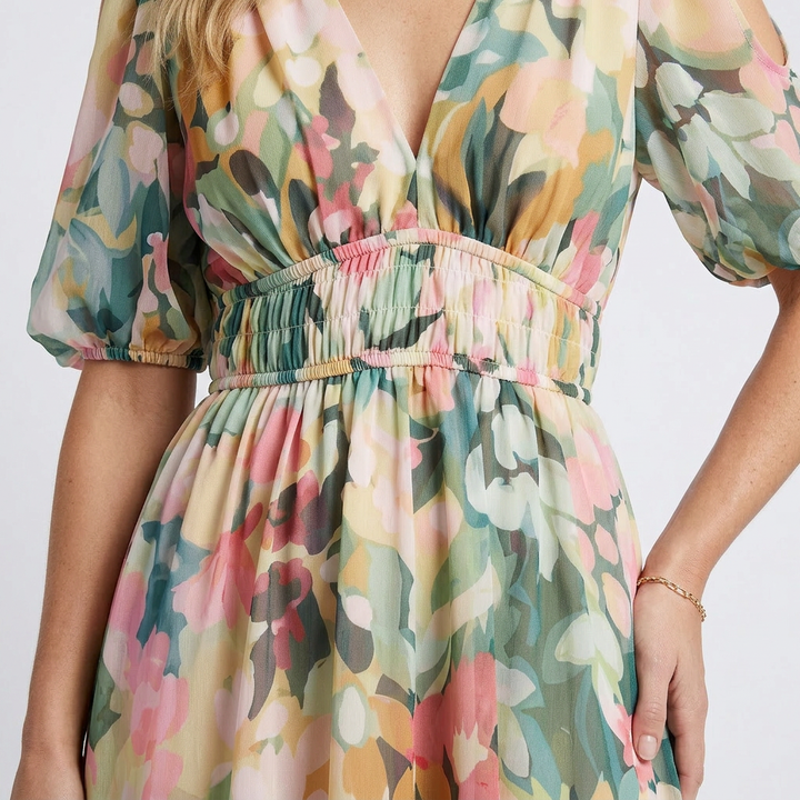 Eulalie | V Neck Short Sleeve Gathered Waist Midi Dress - Maison Léa &amp; Lou