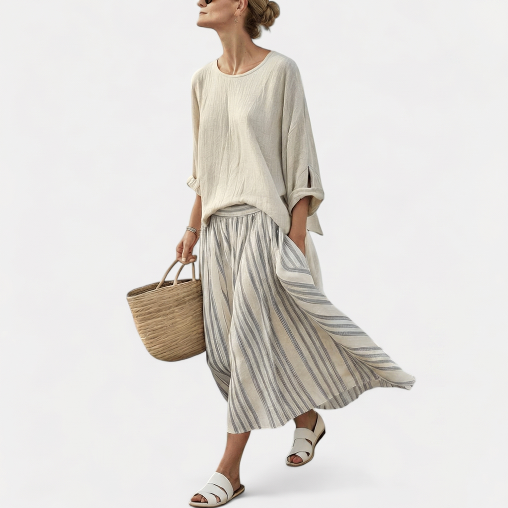 Aurcyn™ | Comfortable Loose Blouse & Striped Midi Skirt