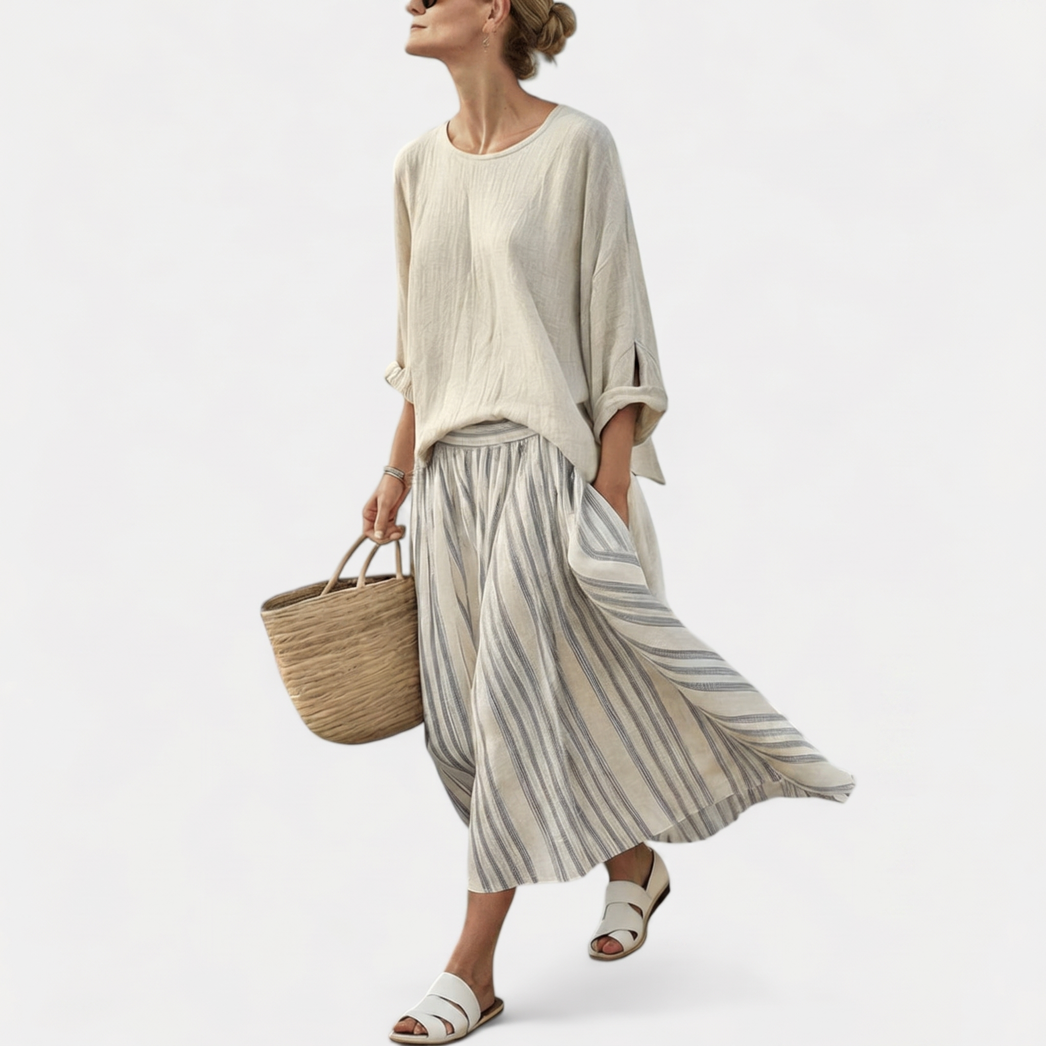 Aurcyn™ | Comfortable Loose Blouse & Striped Midi Skirt