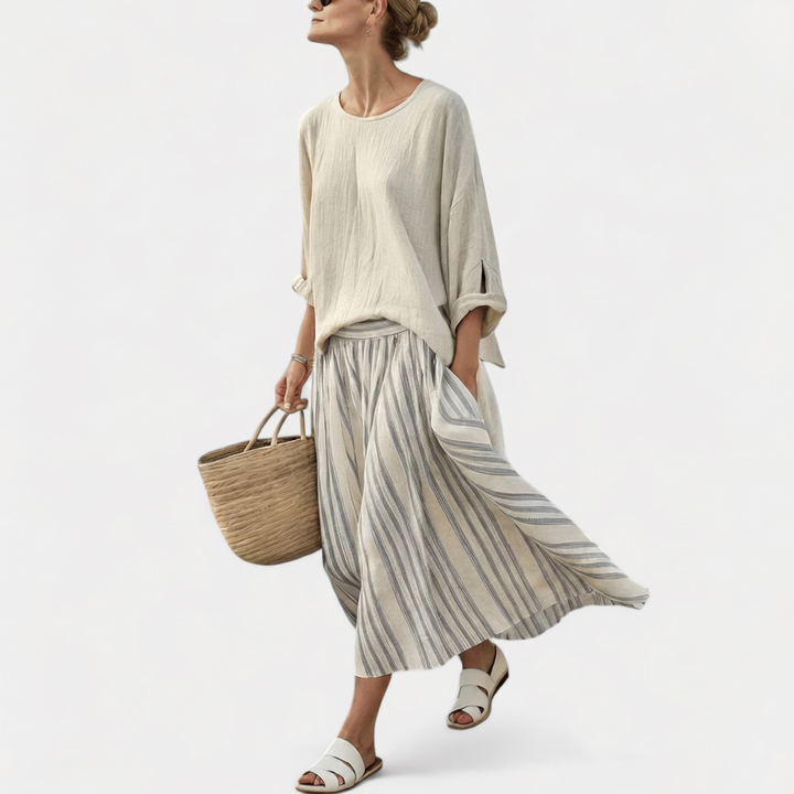 Aurcyn™ | Comfortable Loose Blouse &amp; Striped Midi Skirt