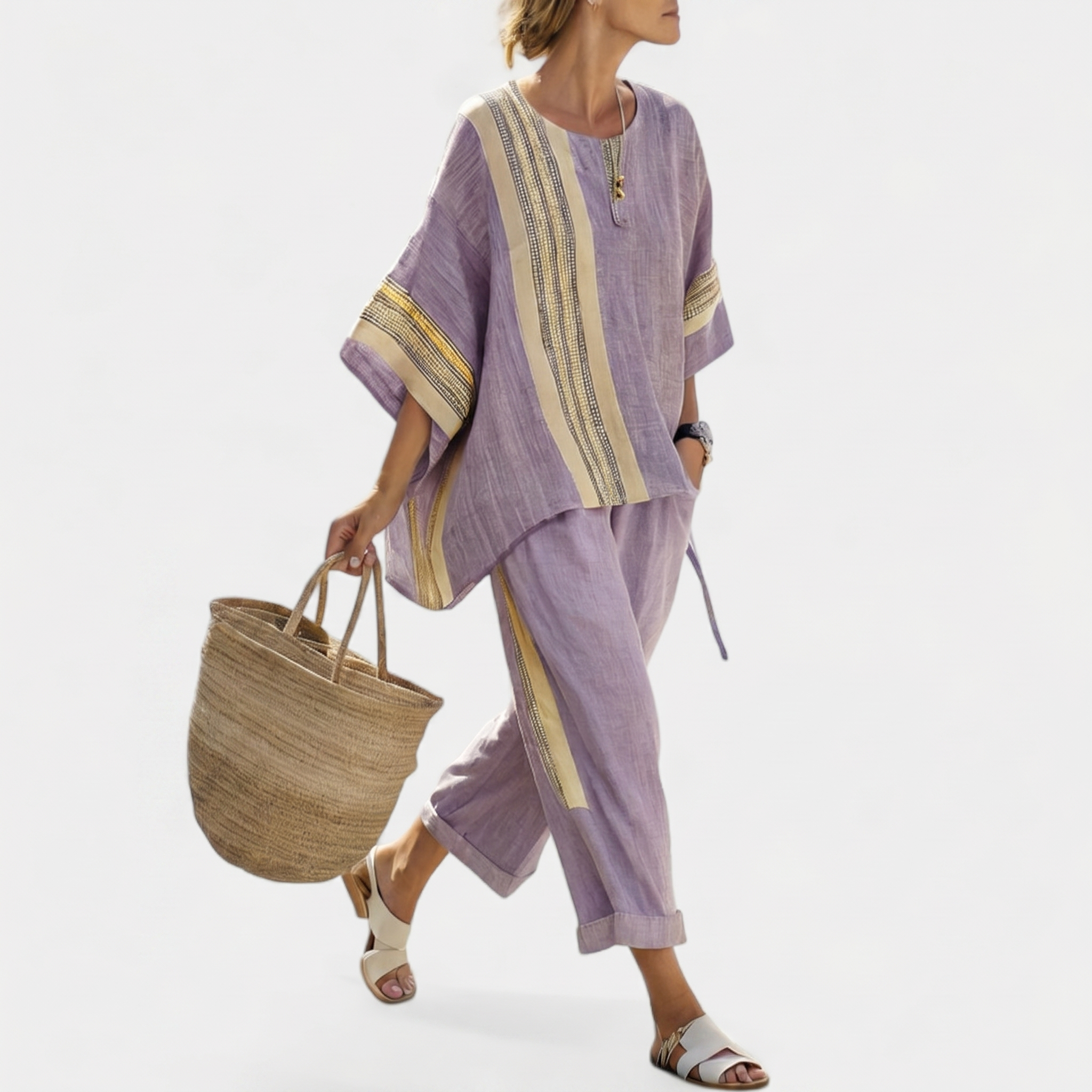 Elowric™ | Elegant Lavender Top & Mustard Striped Pants