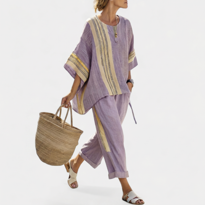 Elowric™ | Elegant Lavender Top &amp; Mustard Striped Pants