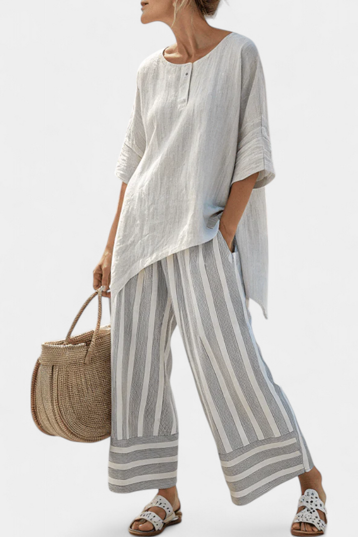 Talvora | Elegant Asymmetrical Blouse &amp; Striped Pants - Maison Léa &amp; Lou