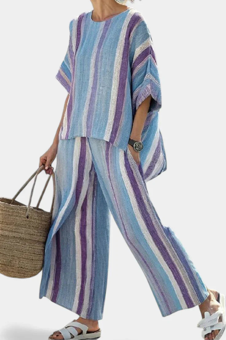 Faelith | Elegant Mauve Pastel Top & Striped Linen Pants - Maison Léa & Lou