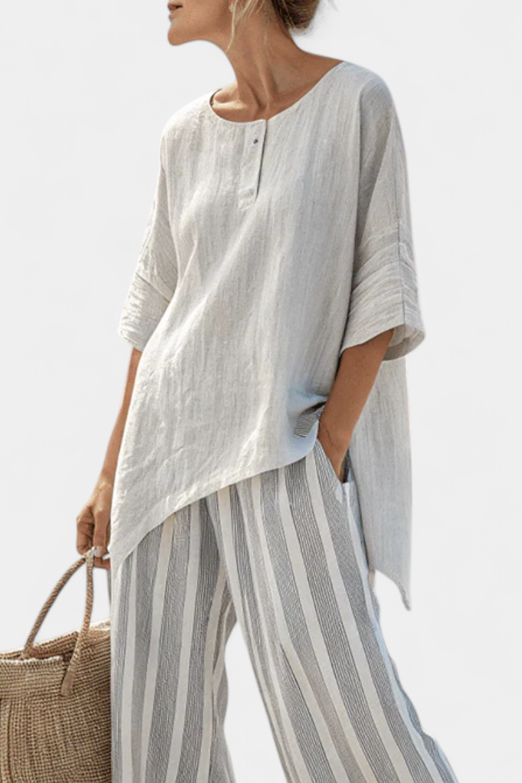 Talvora | Elegant Asymmetrical Blouse &amp; Striped Pants - Maison Léa &amp; Lou