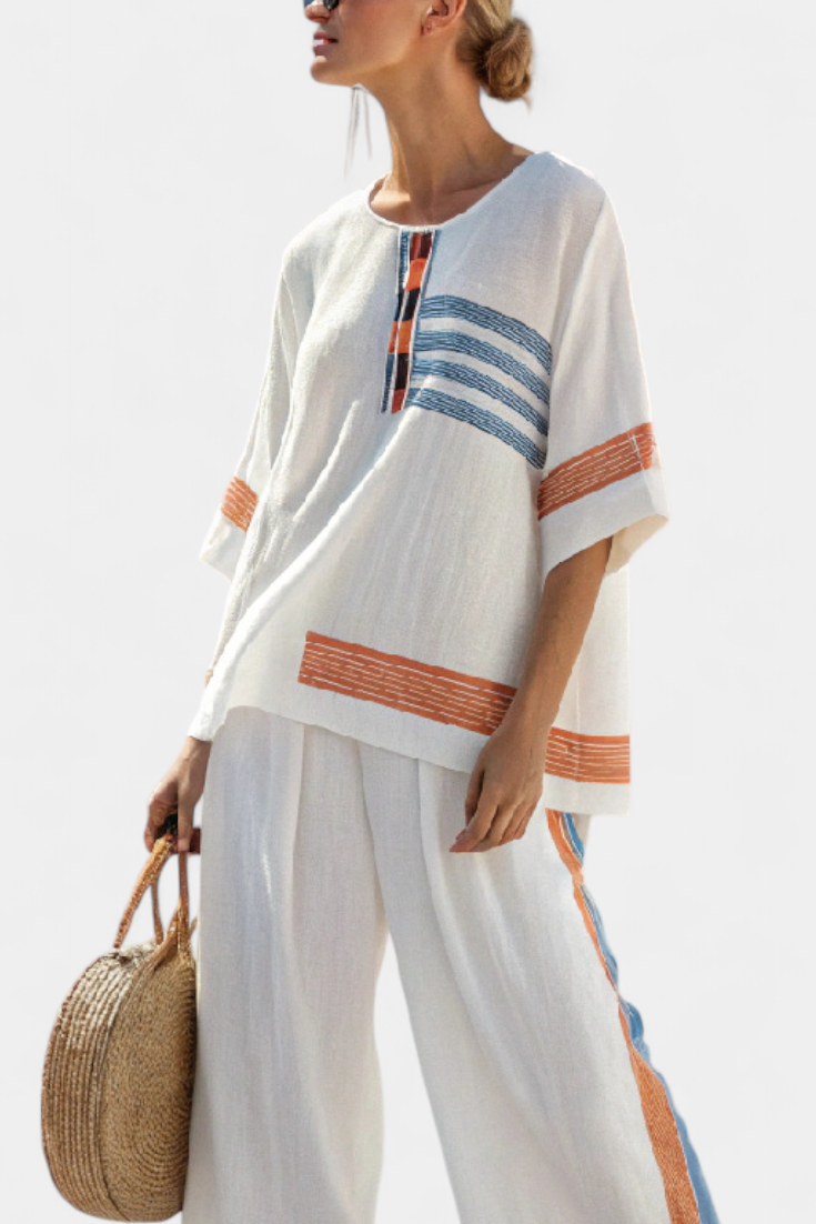Marcellin | Sophisticated Blue-Orange Striped Top &amp; Pants - Maison Léa &amp; Lou
