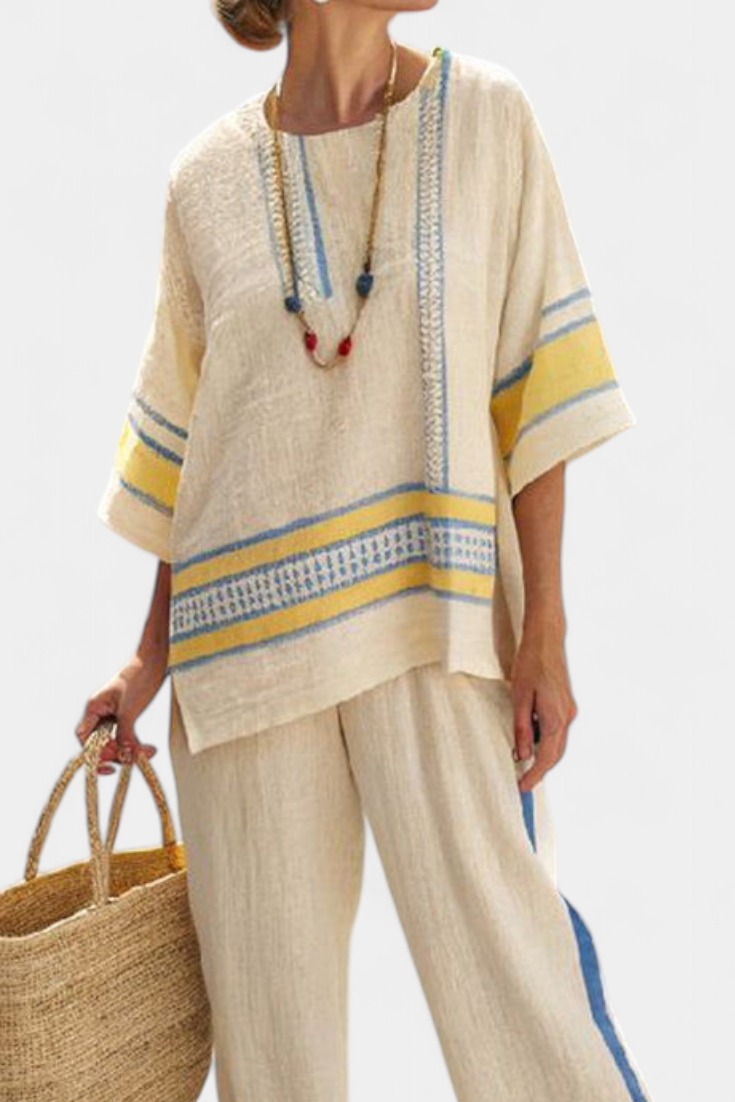 Jaxmere | Comfortable Blue-Yellow Mediterranean Top &amp; Linen Pants - Maison Léa &amp; Lou