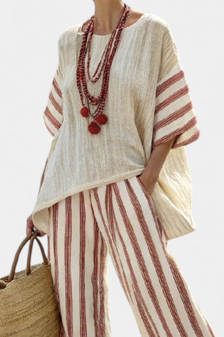 Braelith | Elegant Rustic Striped Top & Cream Linen Pants - Maison Léa & Lou