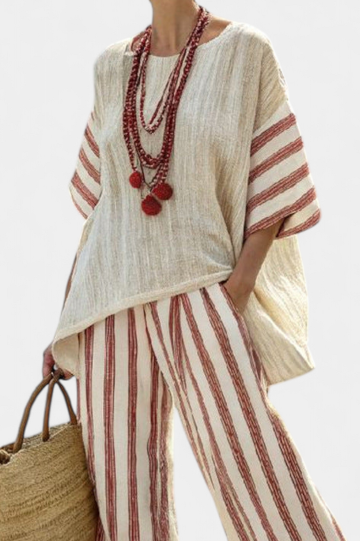 Braelith | Elegant Rustic Striped Top &amp; Cream Linen Pants - Maison Léa &amp; Lou