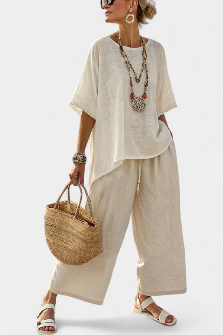 Drevon | Comfortable Minimalist Raw Blouse &amp; Wide-Leg Pants - Maison Léa &amp; Lou