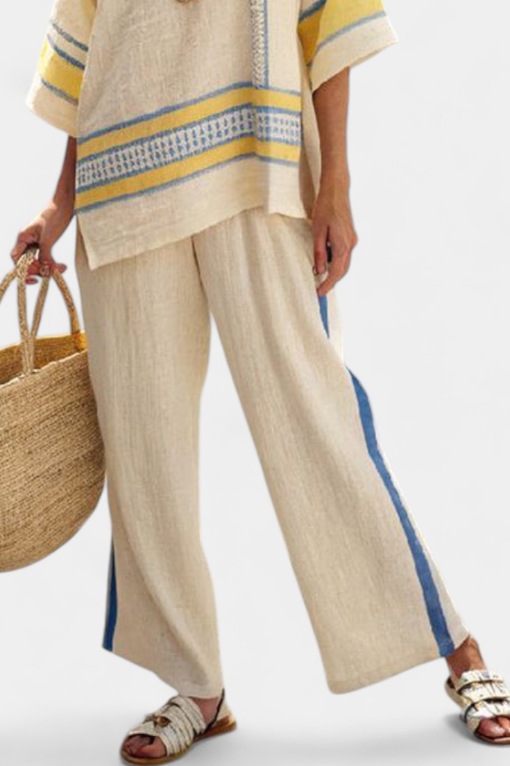 Jaxmere | Comfortable Blue-Yellow Mediterranean Top &amp; Linen Pants - Maison Léa &amp; Lou