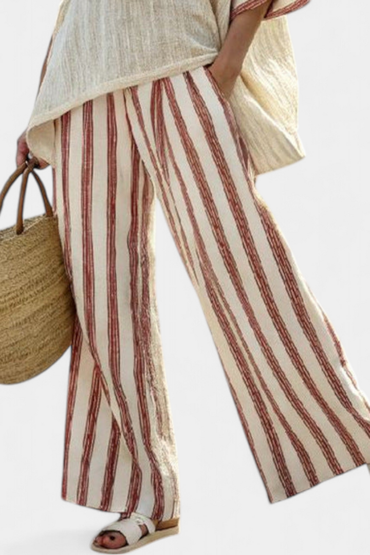 Braelith | Elegant Rustic Striped Top &amp; Cream Linen Pants - Maison Léa &amp; Lou