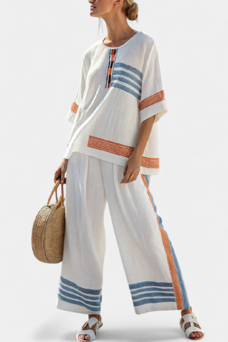 Marcellin | Sophisticated Blue-Orange Striped Top & Pants - Maison Léa & Lou