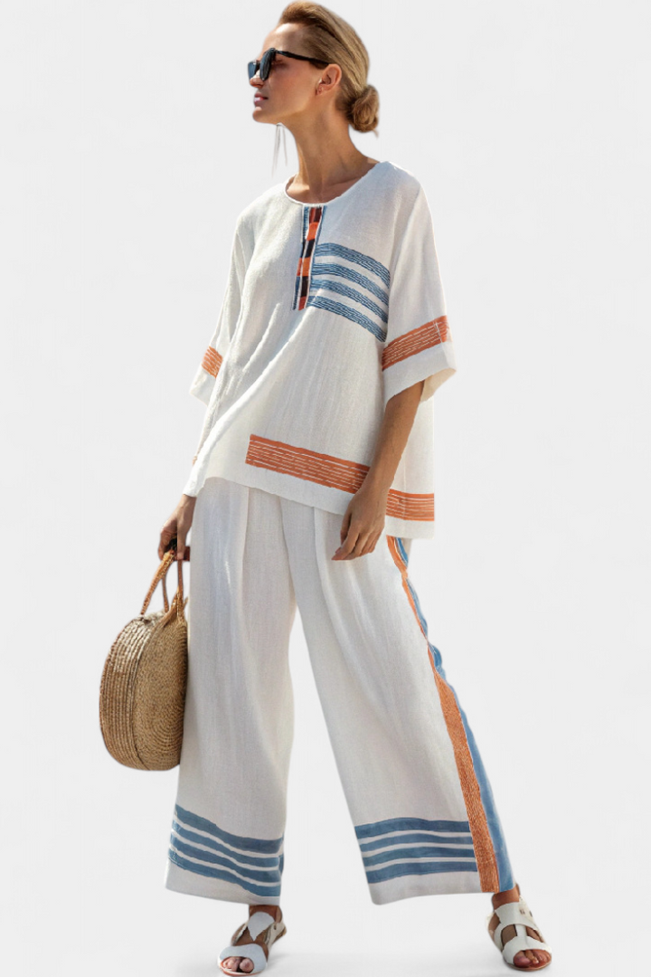 Marcellin | Sophisticated Blue-Orange Striped Top &amp; Pants - Maison Léa &amp; Lou