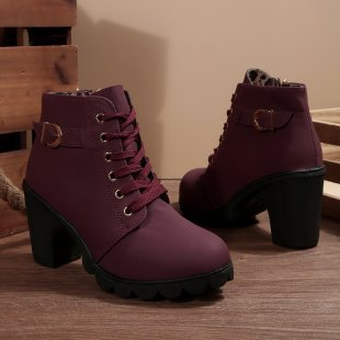 KATNI™ - Chic Lace-Up Metal Buckle Chunky Ankle Boots - Maison Léa &amp; Lou