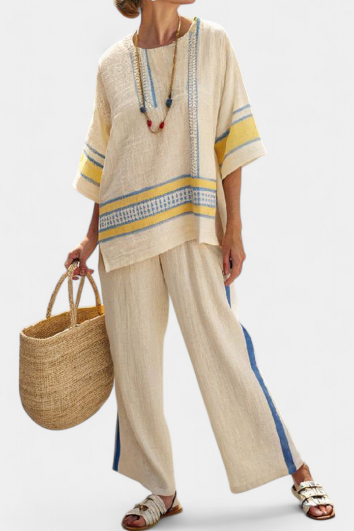 Jaxmere | Comfortable Blue-Yellow Mediterranean Top &amp; Linen Pants - Maison Léa &amp; Lou