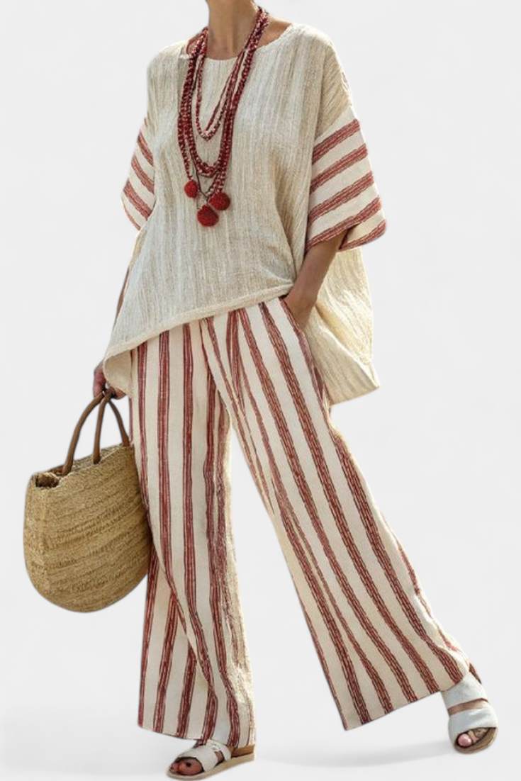 Braelith | Elegant Rustic Striped Top & Cream Linen Pants - Maison Léa & Lou