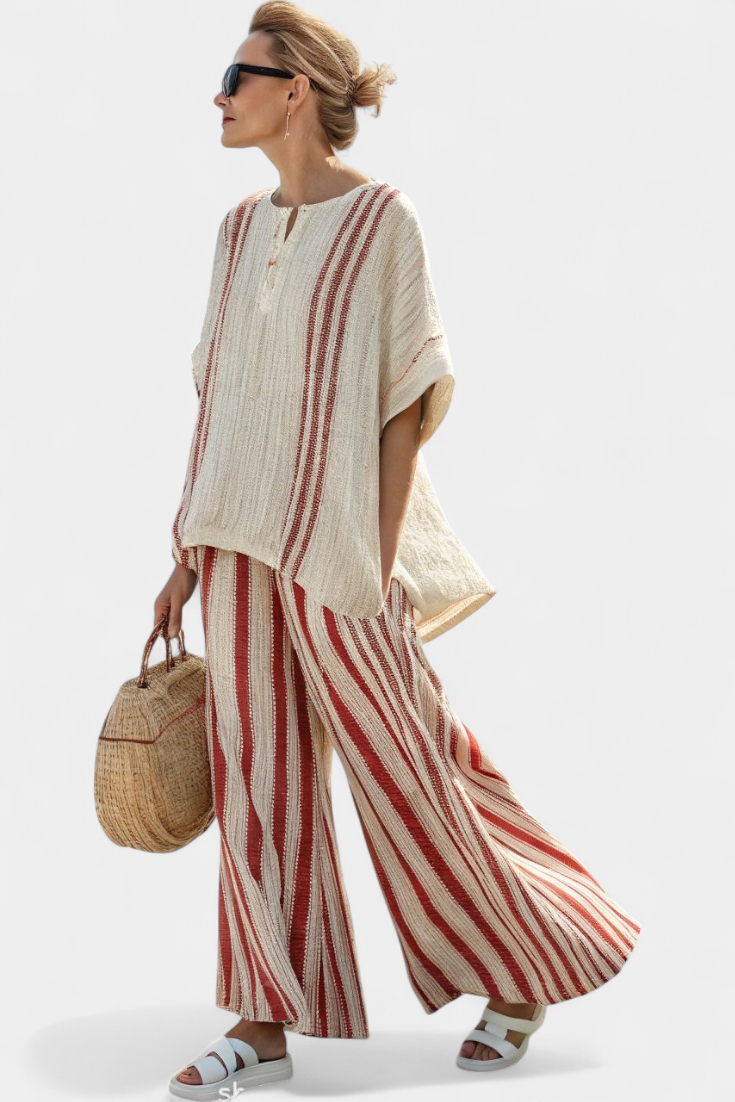 Mirella | Sophisticated Textured Red-Stripe Top &amp; Linen Pants - Maison Léa &amp; Lou
